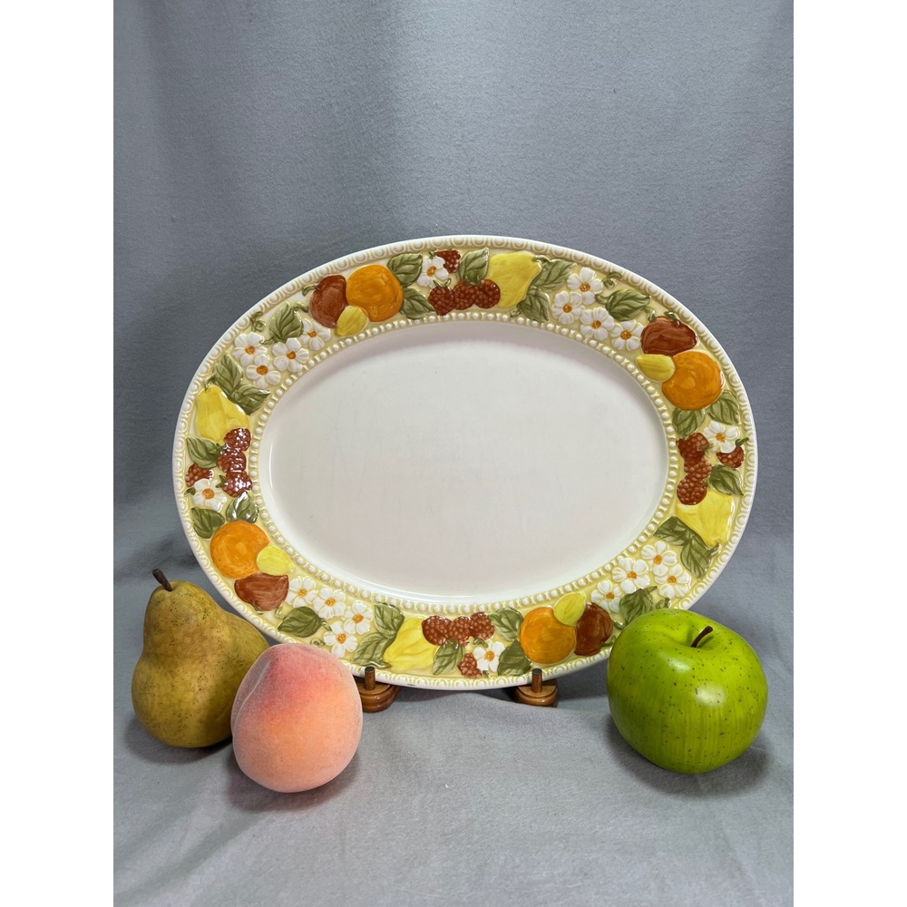 Metlox VernonWare Platter Della Robbia Embossed Fruit Floral 60s 70s Vintage 14"